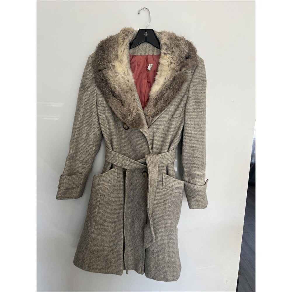 Sears Wool /Fur Tie Coat Beige Vintage Winter Small